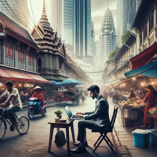 Types of Digital Nomads: A freelancer nomad working on a laptop in a lively Parisian cafe with the Eiffel Tower visible through the window, symbolizing a blend of work and travel.