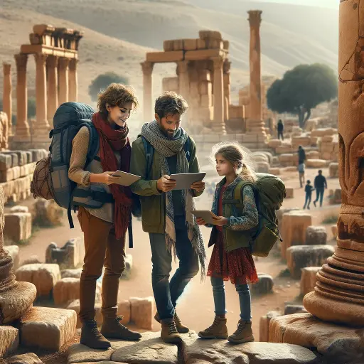 Types of Digital Nomads: A family of nomads, including two children with tablets and books, exploring ancient ruins, reflecting an educational travel experience and learning journey.
