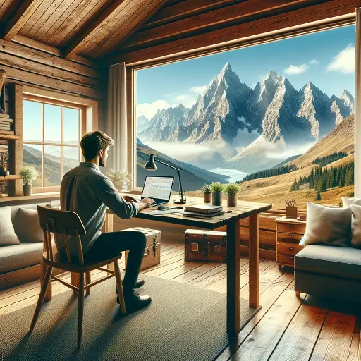 Types of Digital Nomads: A remote employee nomad working in a cozy mountain cabin, seated at a desk with a laptop, with a stunning mountain landscape visible through the window.