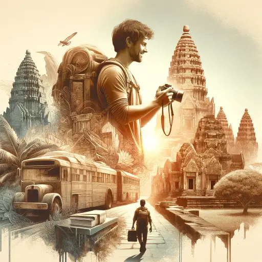 Types of Digital Nomads: A sabbatical nomad with a camera and travel journal, standing in front of ancient ruins in a historical city, capturing a moment of personal growth and exploration.