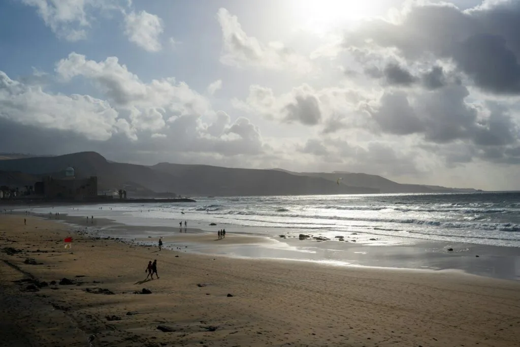 Best Canary Island for digital nomads aerial view of Las Palmas beach and coworking neighborhood