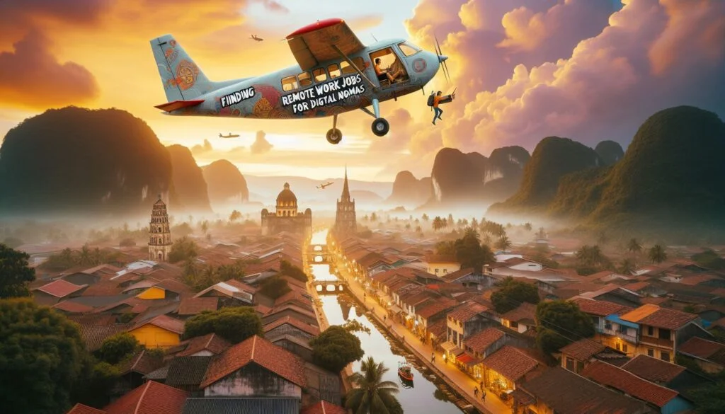 A tranquil town by a canal, nestled among mountains, basks in the golden glow of sunrise. An airplane flies overhead, its banner promoting the liberating lifestyle of remote work for digital nomads.” This description encapsulates the serene setting and the theme of freedom in remote work. 